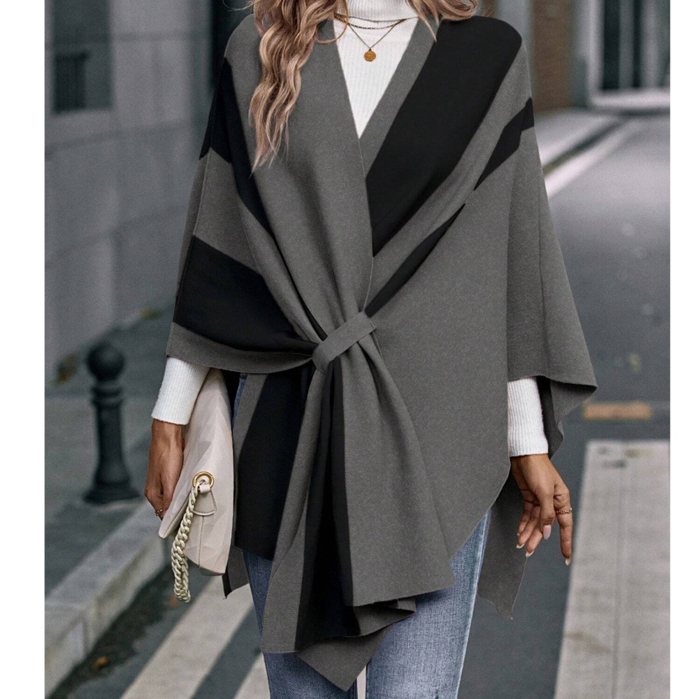Luxe Color Block Loose Fit Shawl Wrap Cardigan